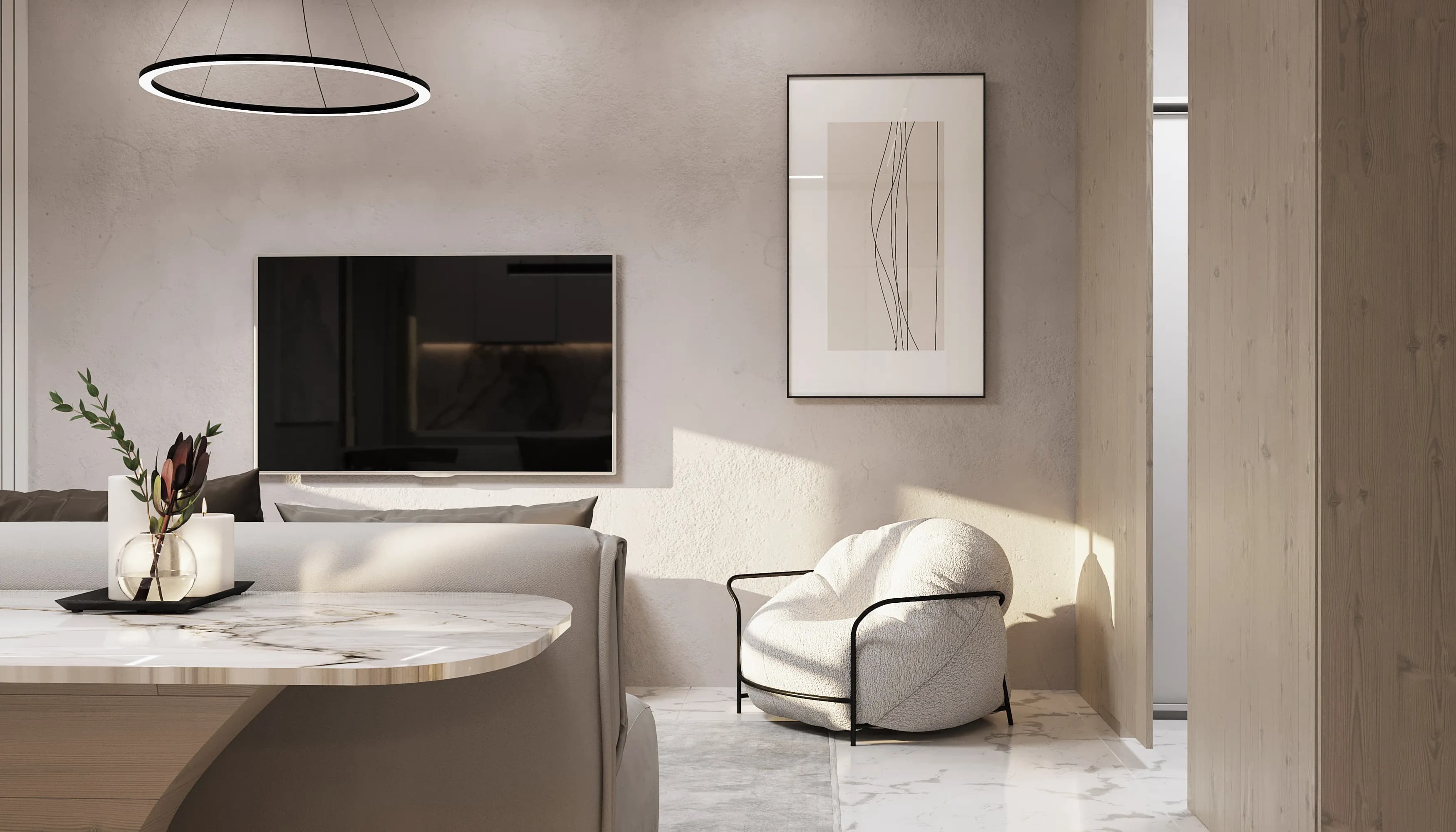 bright living room with wall-mounted TV, ring light, white armchair, abstract painting and marble table
